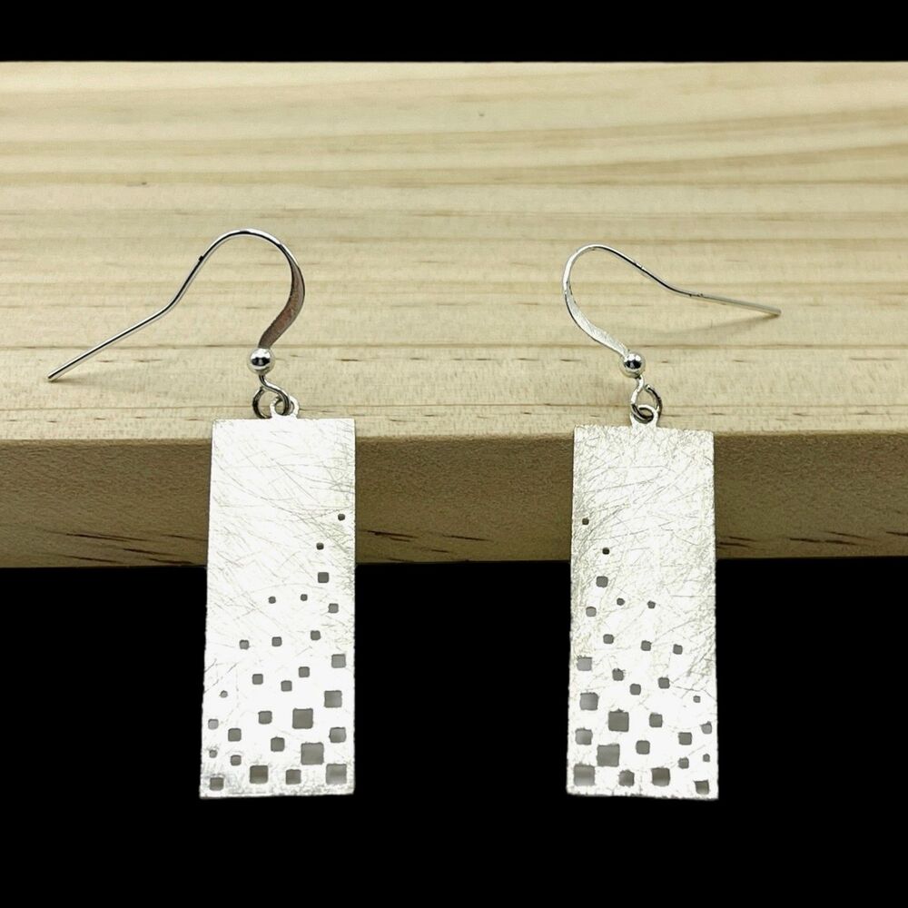 Silver Tone Rectangle Dangle Earrings Geometric Cutout Modern Art Etched Lines